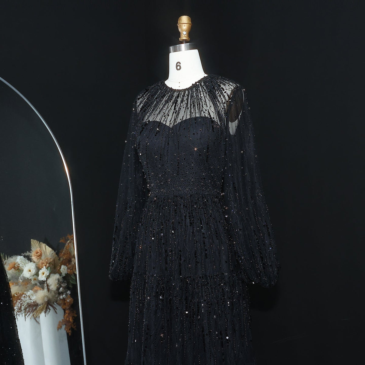 Luxury Beige Ruffles Beaded Long Sleeves Evening Dress SS514