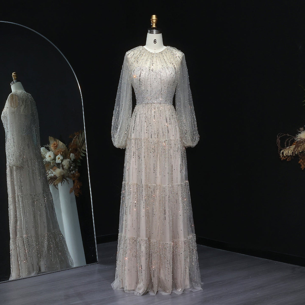 Luxury Beige Ruffles Beaded Long Sleeves Evening Dress SS514