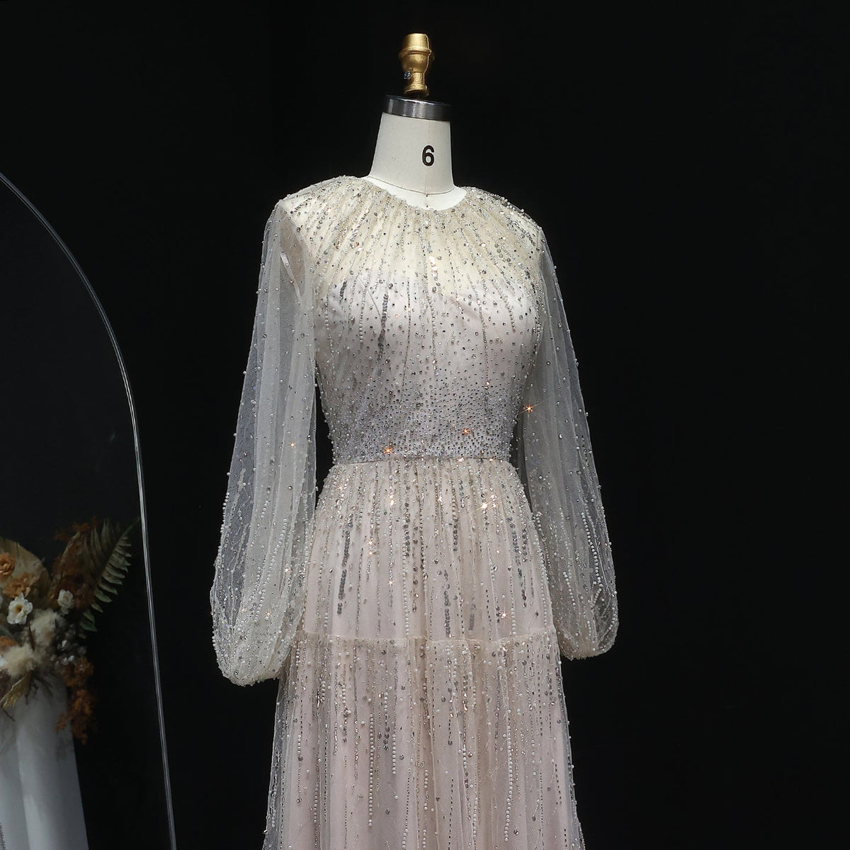 Luxury Beige Ruffles Beaded Long Sleeves Evening Dress SS514