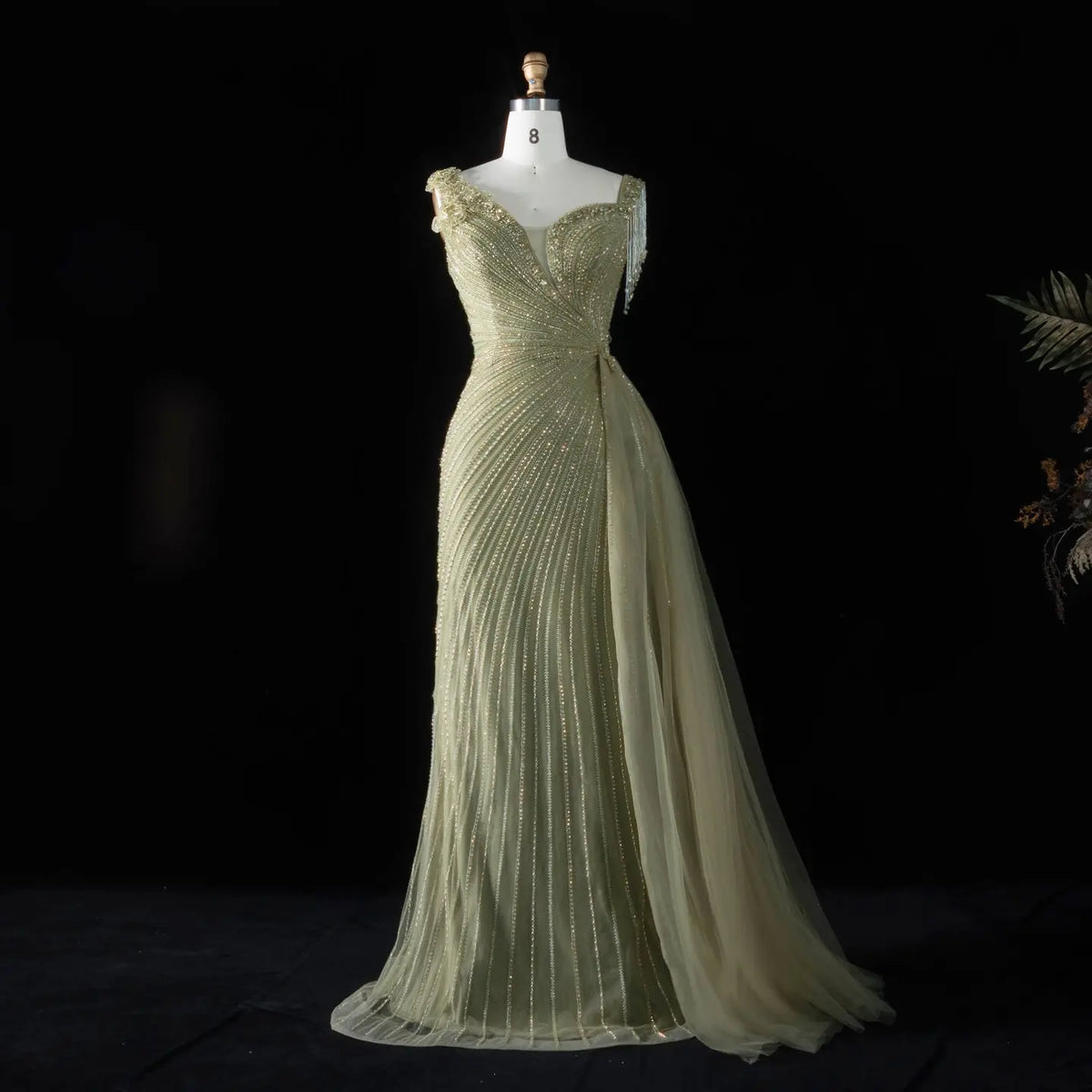 Sage Green Beaded Fringe Shoulder Evening Dress SS103