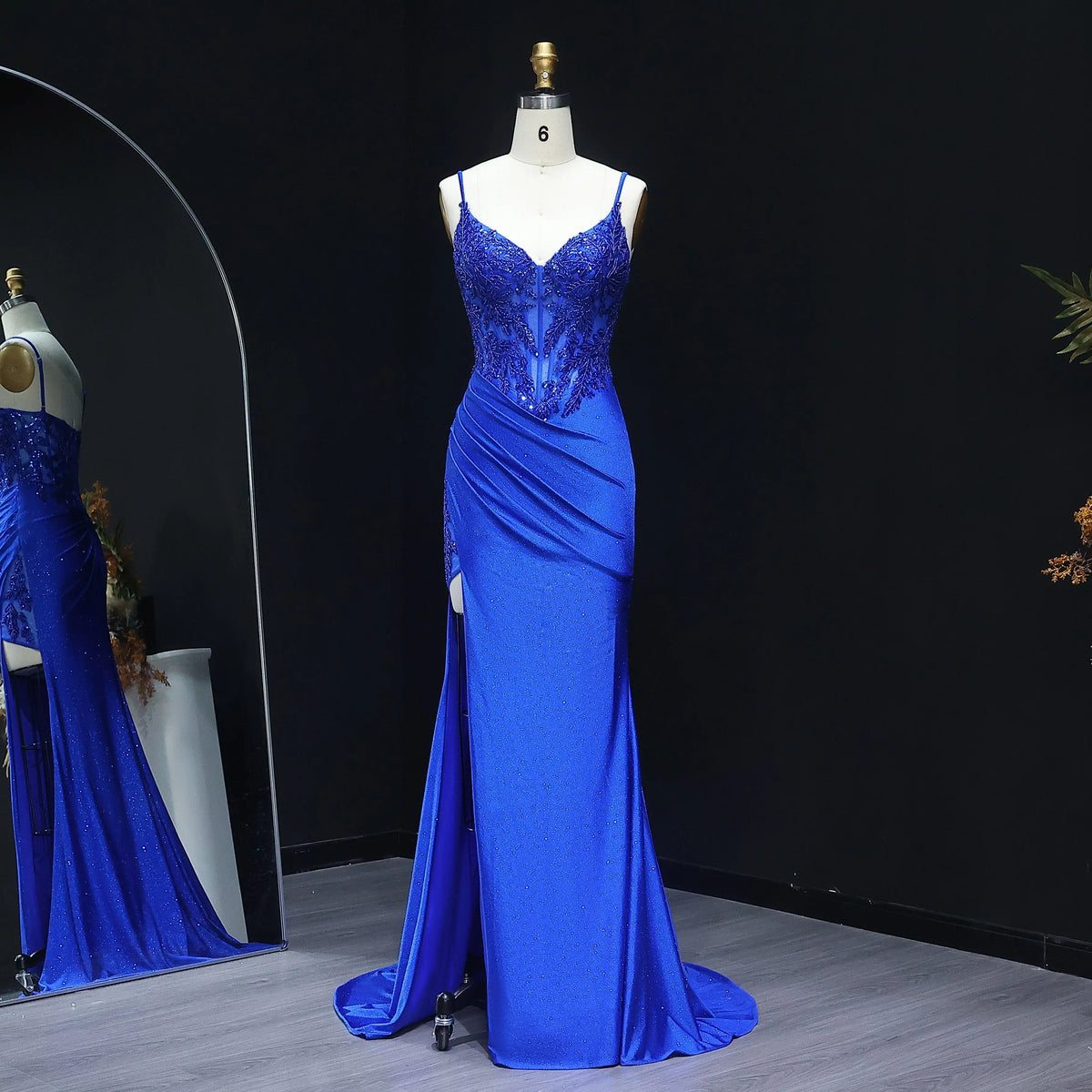 Luxury Navy Blue Spaghetti Strap Beaded Ruched Prom Dress SH514 – SHARONSAID