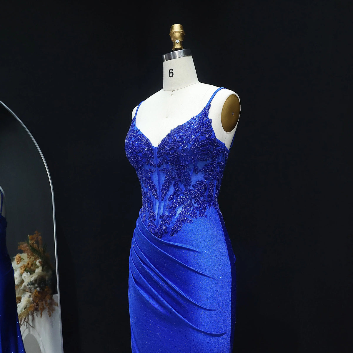 Luxury Navy Blue Spaghetti Strap Beaded Ruched Prom Dress SH514 