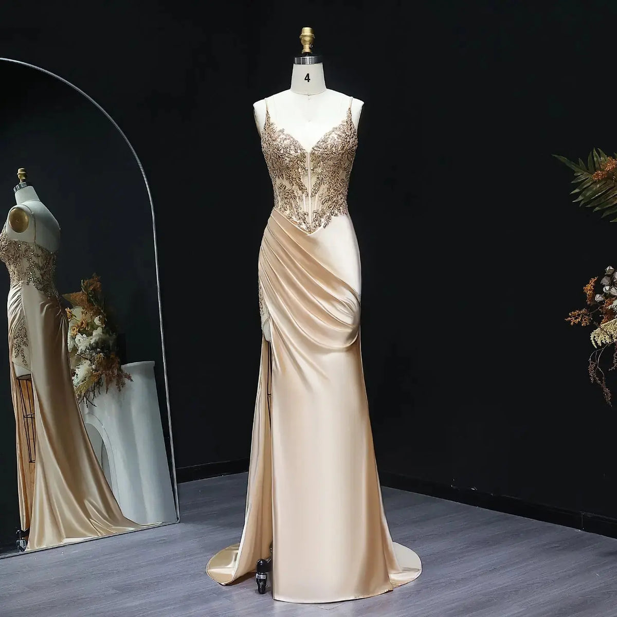 Luxury Navy Blue Spaghetti Strap Beaded Ruched Prom Dress SH514 