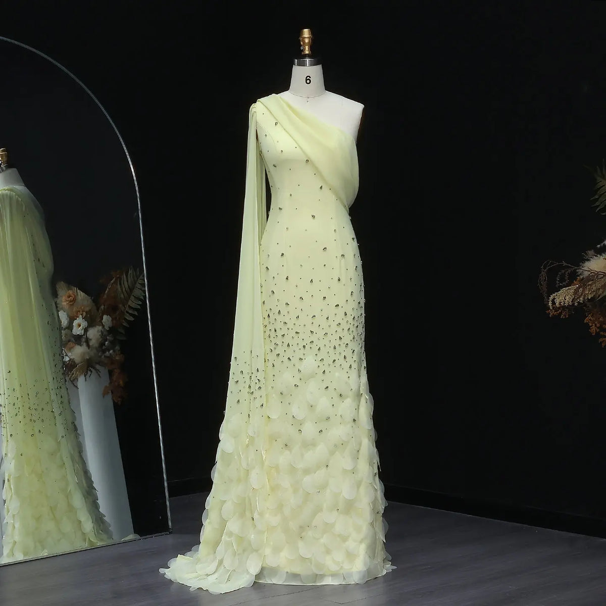 Luxury Yellow Crystal 3D Floral Fitted Evening Dress XD034 