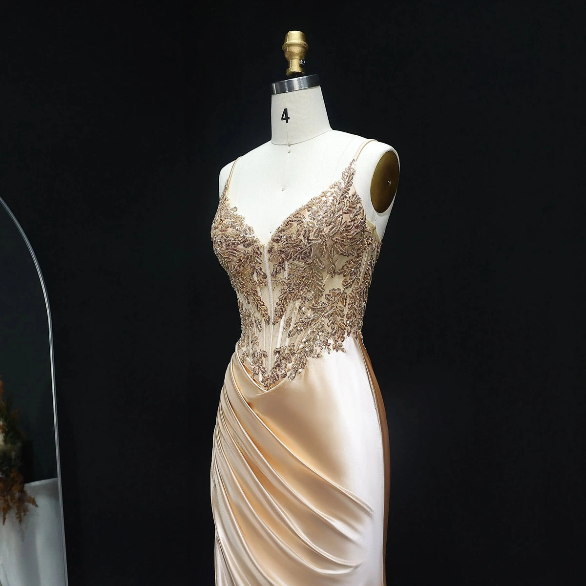 Luxury Navy Blue Spaghetti Strap Beaded Ruched Prom Dress SH514 