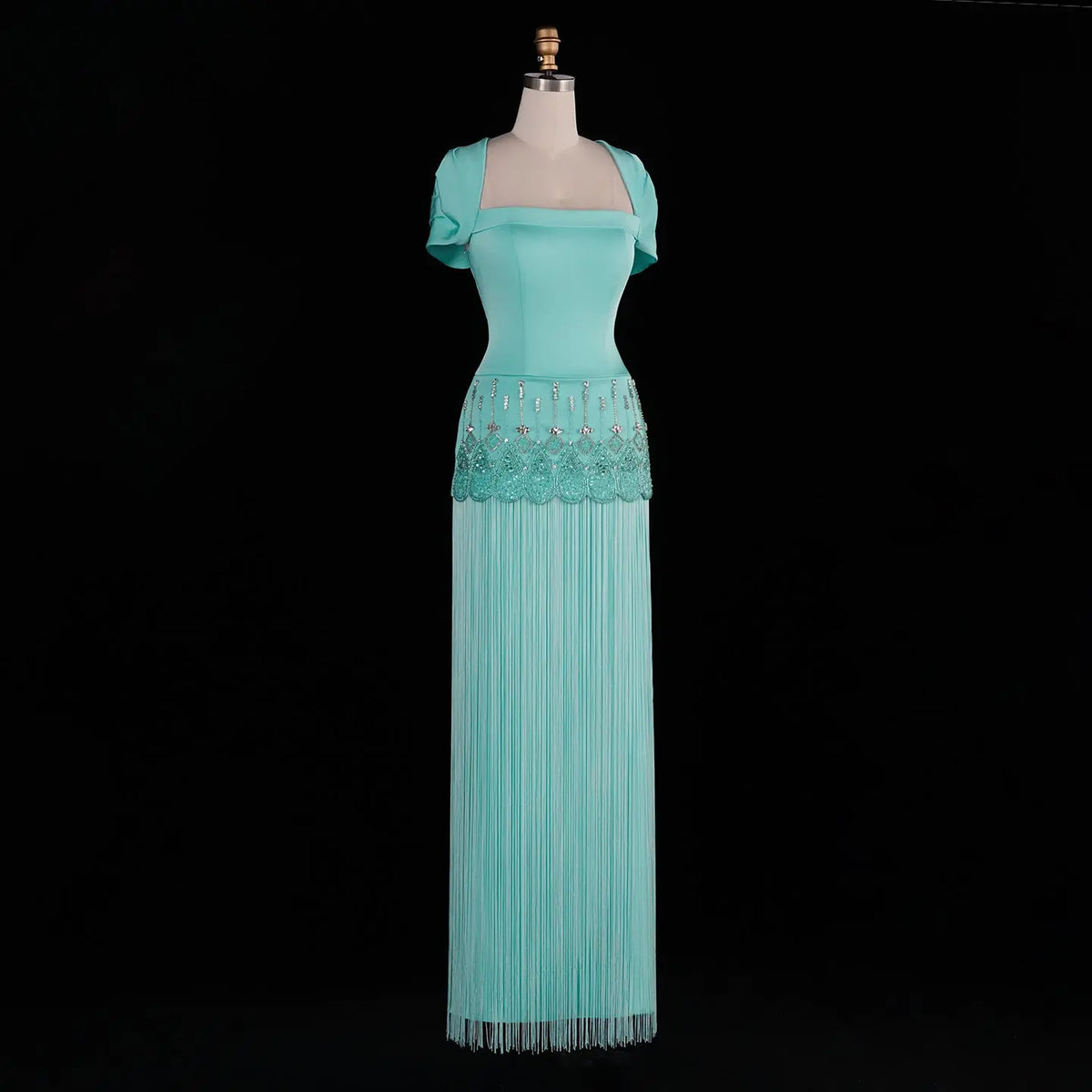 Aqua Blue Tassel Crystal Beaded Sheath Dress SS292