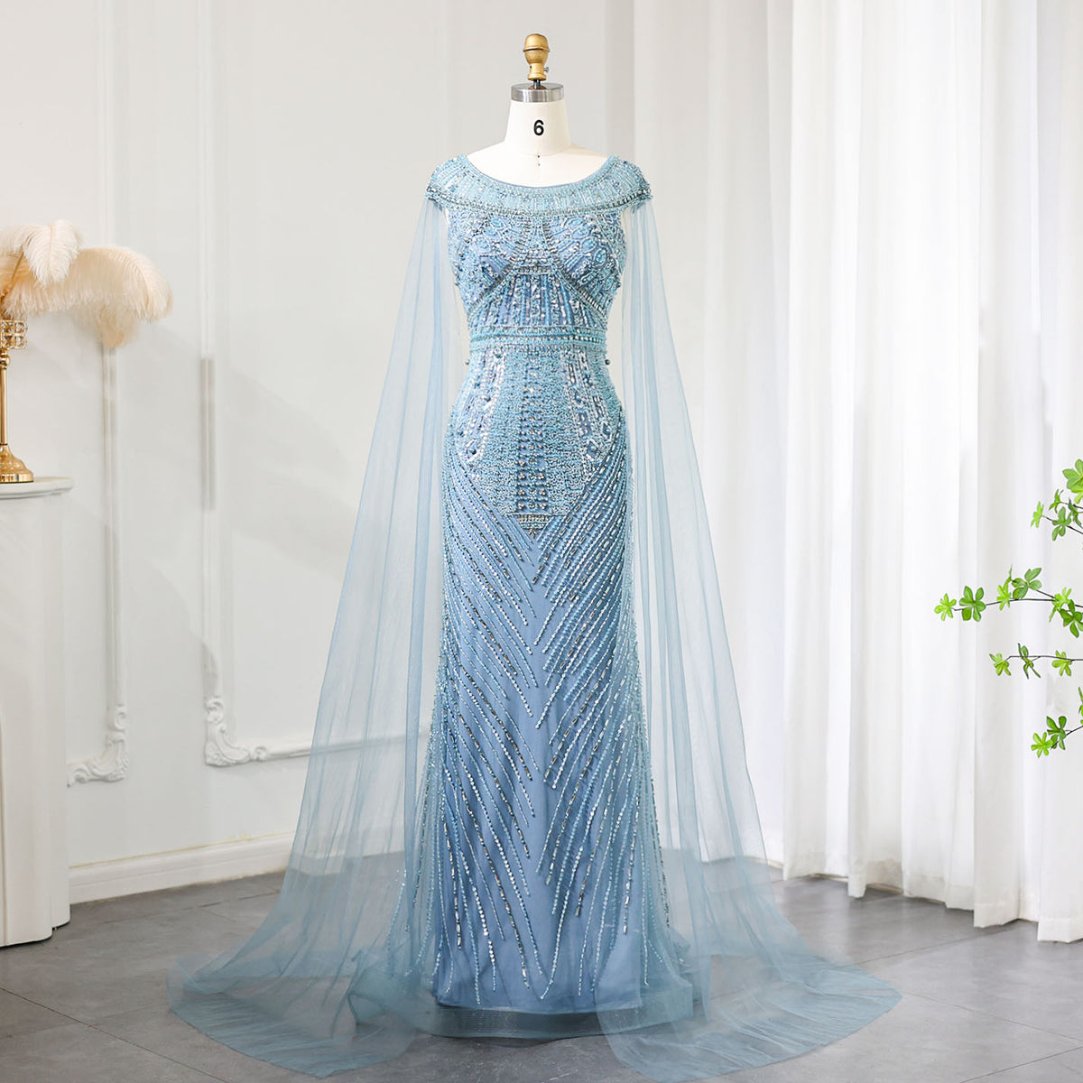 Sharon Said Luxus Perlen Blau Meerjungfrau Dubai Abendkleider mit Cape-Ärmeln 2024 Plus Größe Frauen Hochzeit Party Kleid SS195