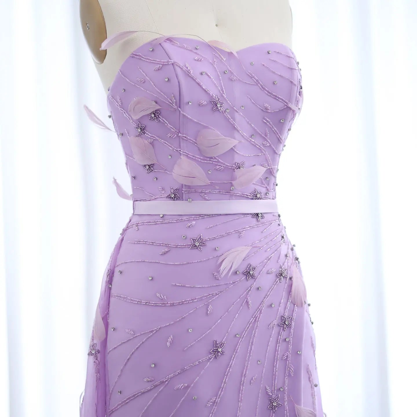 Luxury Feathers Beaded Lilac Evening Dress with Overskirt SS456