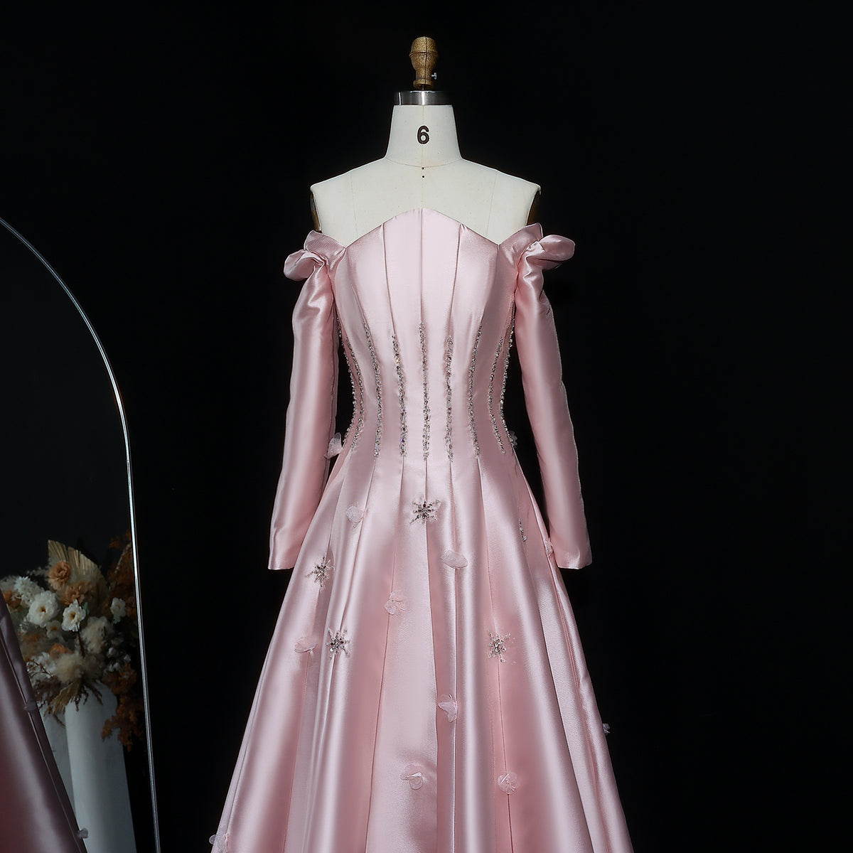 Elegant Green 3D Floral Beaded Long Sleeve Evening Dress XD014 