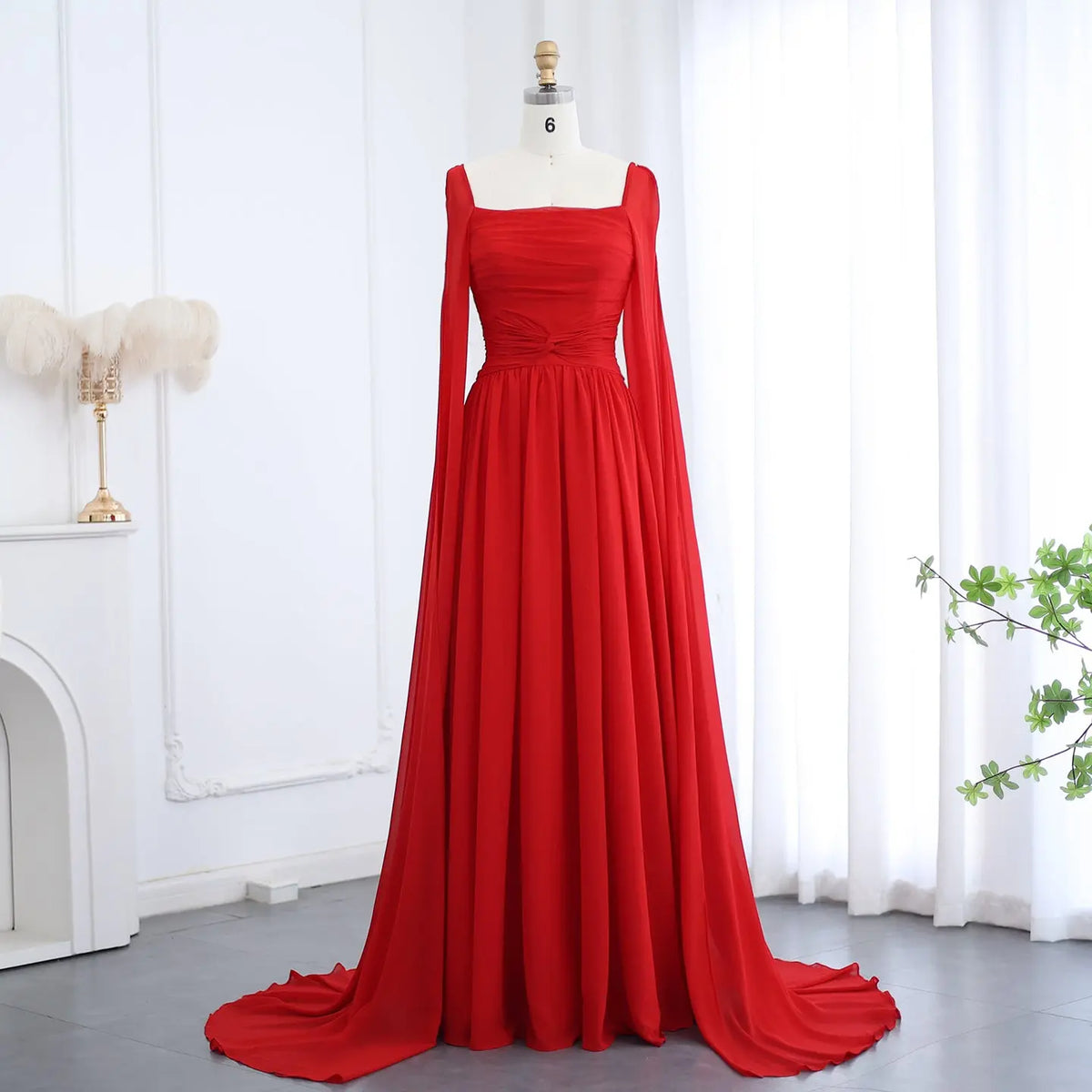 Elegant Red Chiffon Evening Dresses with Cape Sleeves SF032 Elegant Red Chiffon Evening Dresses with Cape Sleeves SF032