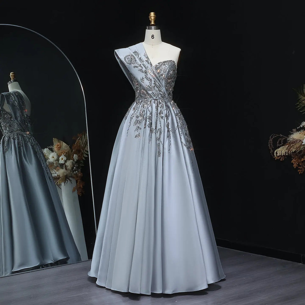 Luxury Gray One-Shoulder Embellished Crystal Evening Dress XD040 