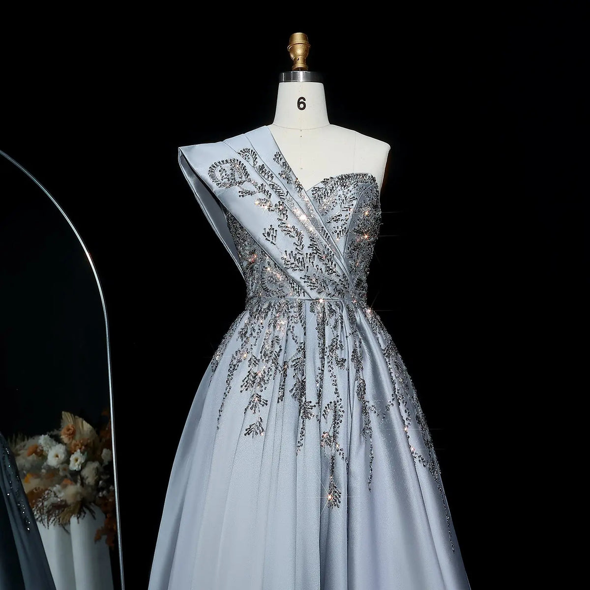 Luxury Gray One-Shoulder Embellished Crystal Evening Dress XD040 