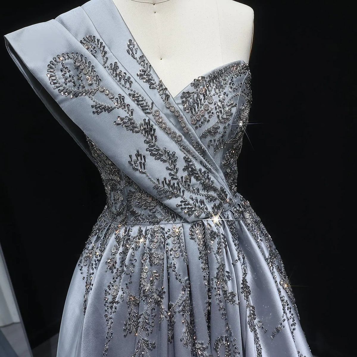 Luxury Gray One-Shoulder Embellished Crystal Evening Dress XD040 