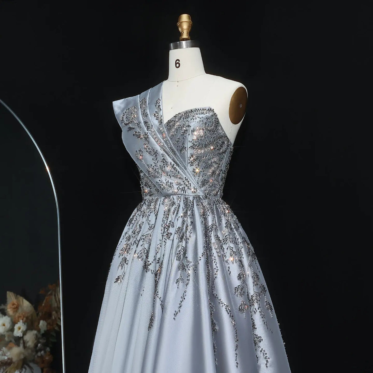 Luxury Gray One-Shoulder Embellished Crystal Evening Dress XD040 