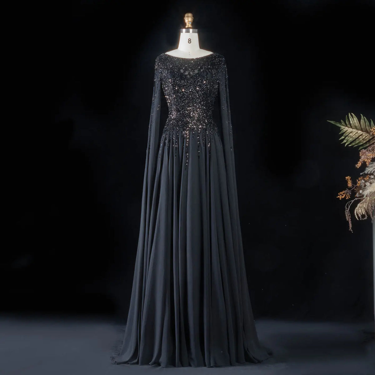 Peacock Blue Sequin Cape Sleeve Evening Dress SS105-19