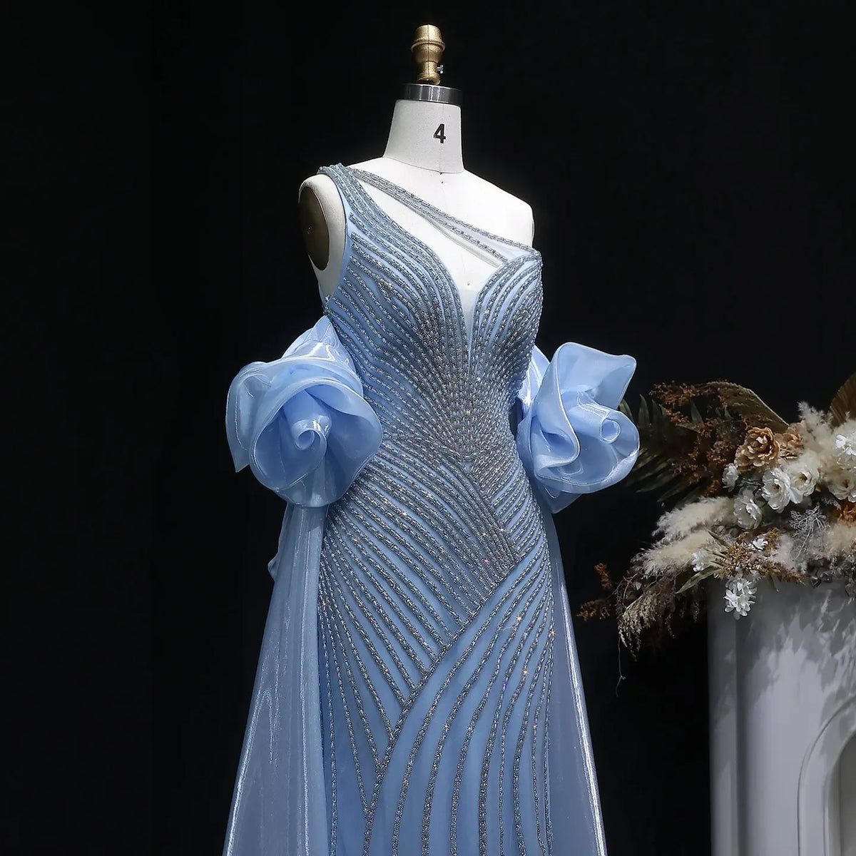 Luxury Dusty Pink Beaded One-Shoulder Fitted Evening Dress with Cape SS016 