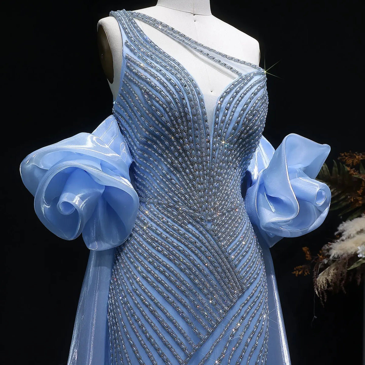 Luxury Dusty Pink Beaded One-Shoulder Fitted Evening Dress with Cape SS016 