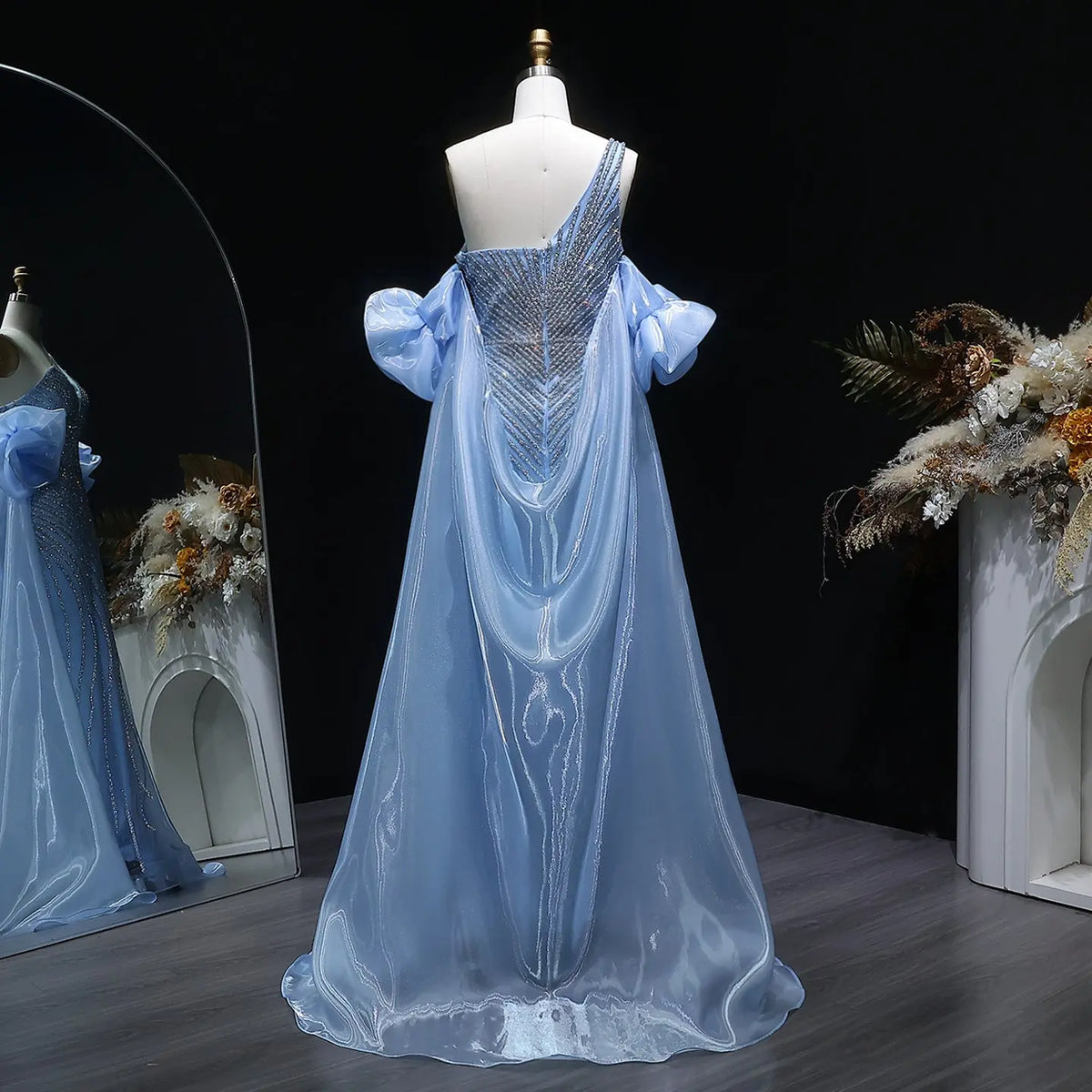 Luxury Dusty Pink Beaded One-Shoulder Fitted Evening Dress with Cape SS016 