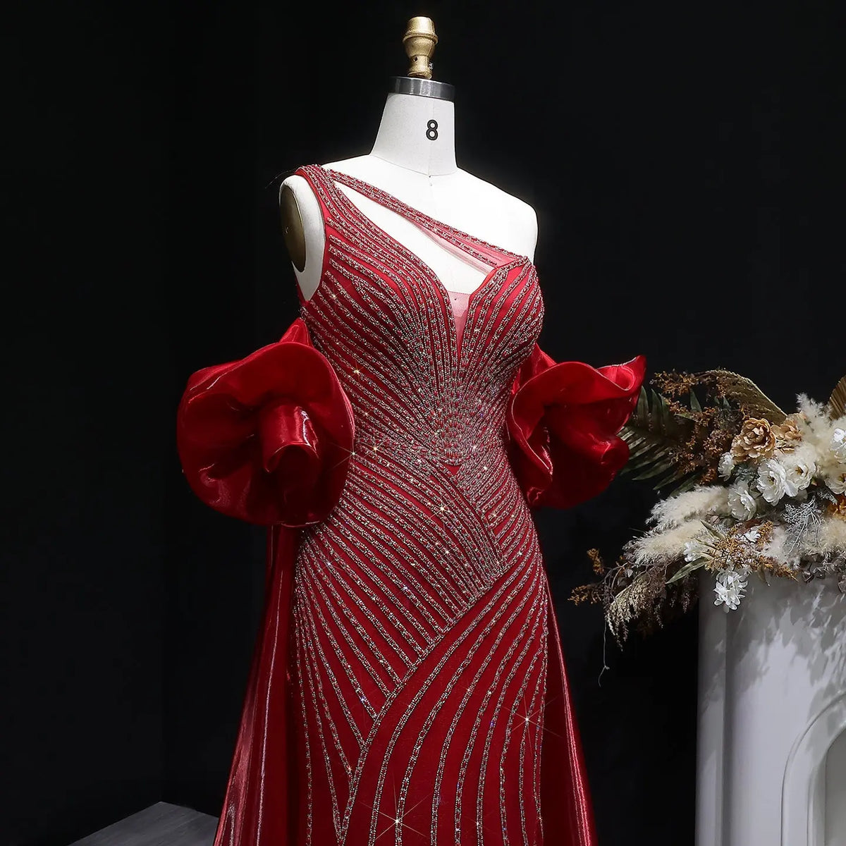 Luxury Dusty Pink Beaded One-Shoulder Fitted Evening Dress with Cape SS016 