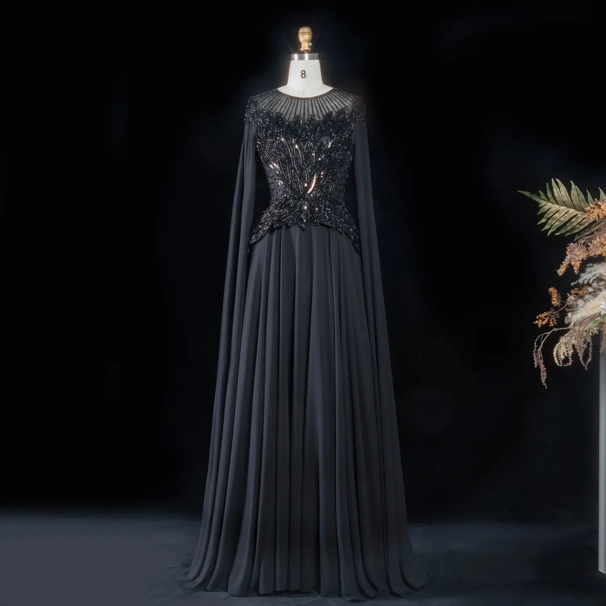 Black Sequin Cape Sleeve Pleated Evening Dress SS104