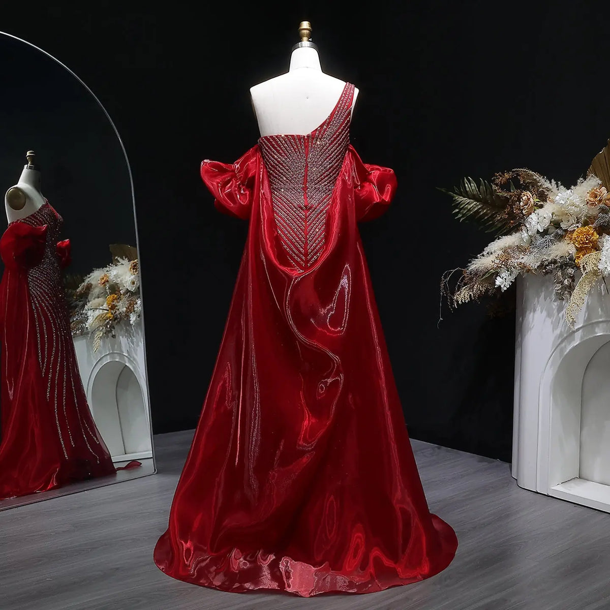 Luxury Dusty Pink Beaded One-Shoulder Fitted Evening Dress with Cape SS016 