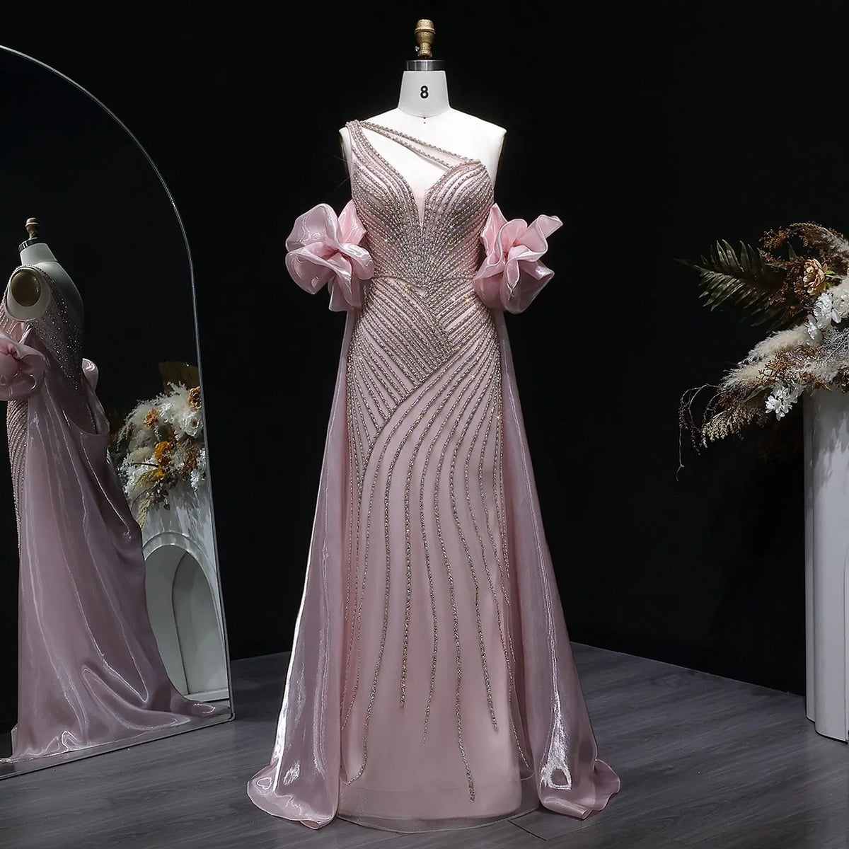 Luxury Dusty Pink Beaded One-Shoulder Fitted Evening Dress with Cape SS016 