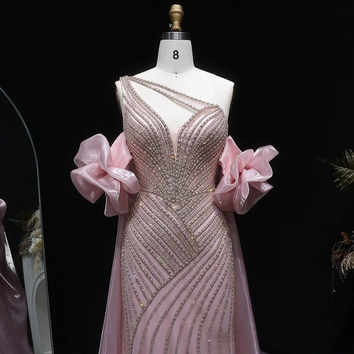 Luxury Dusty Pink Beaded One-Shoulder Fitted Evening Dress with Cape SS016 