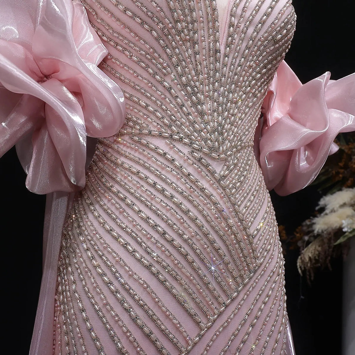 Luxury Dusty Pink Beaded One-Shoulder Fitted Evening Dress with Cape SS016 