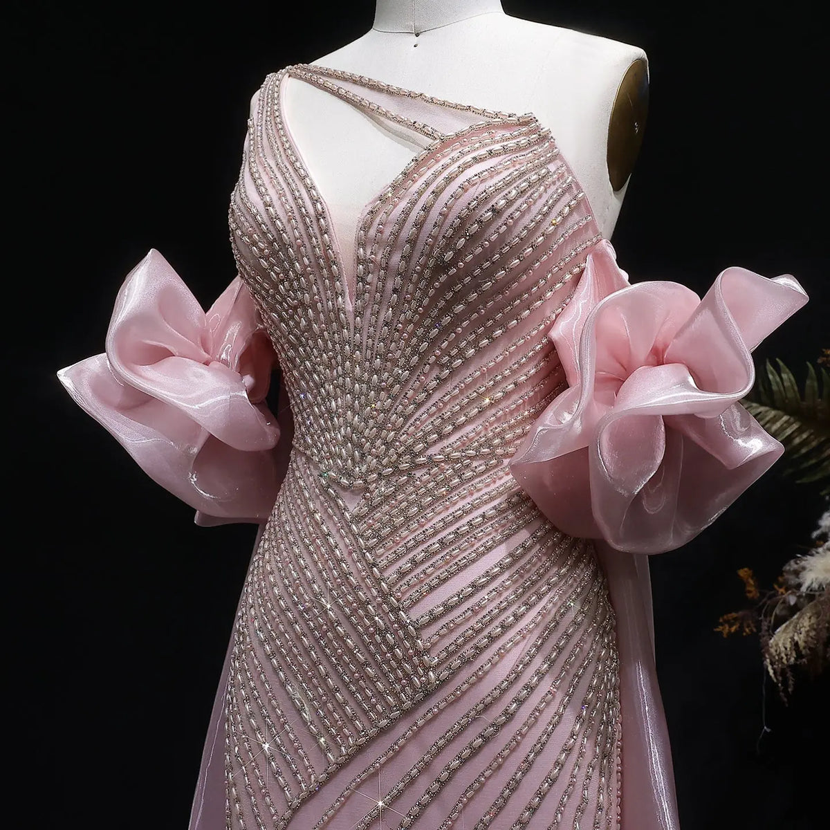 Luxury Dusty Pink Beaded One-Shoulder Fitted Evening Dress with Cape SS016 