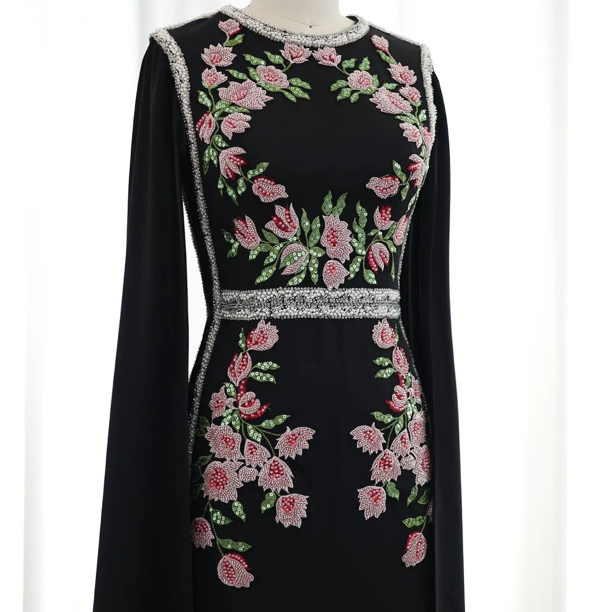 Luxury Embroidered Black Evening Dress with Cape Sleeves SS487 - SHARONSAID Luxury Embroidered Black Evening Dress with Cape Sleeves SS487 - SHARONSAID