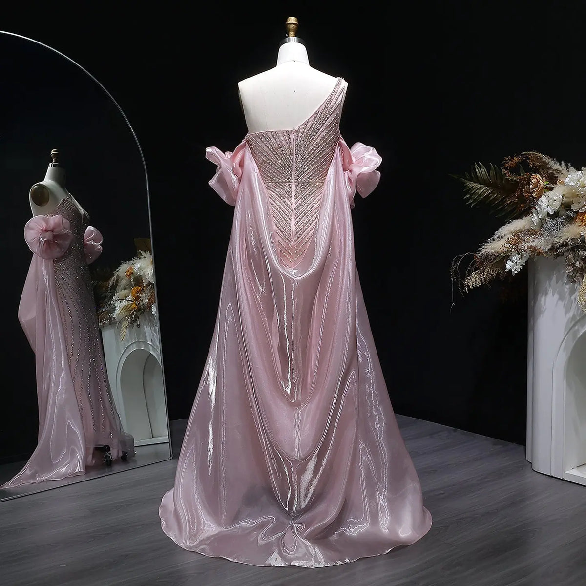 Luxury Dusty Pink Beaded One-Shoulder Fitted Evening Dress with Cape SS016 