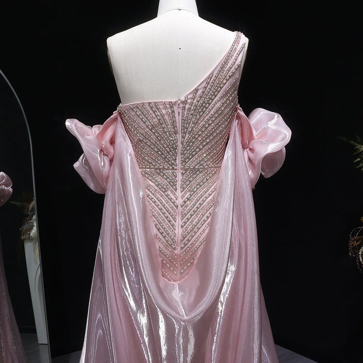 Luxury Dusty Pink Beaded One-Shoulder Fitted Evening Dress with Cape SS016 