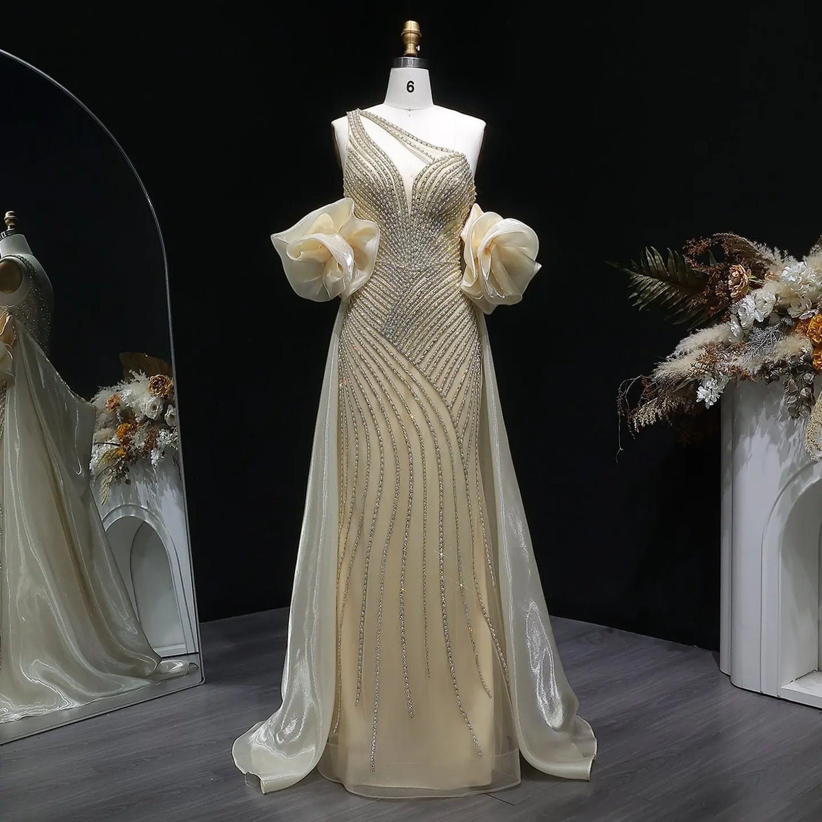 Luxury Dusty Pink Beaded One-Shoulder Fitted Evening Dress with Cape SS016 