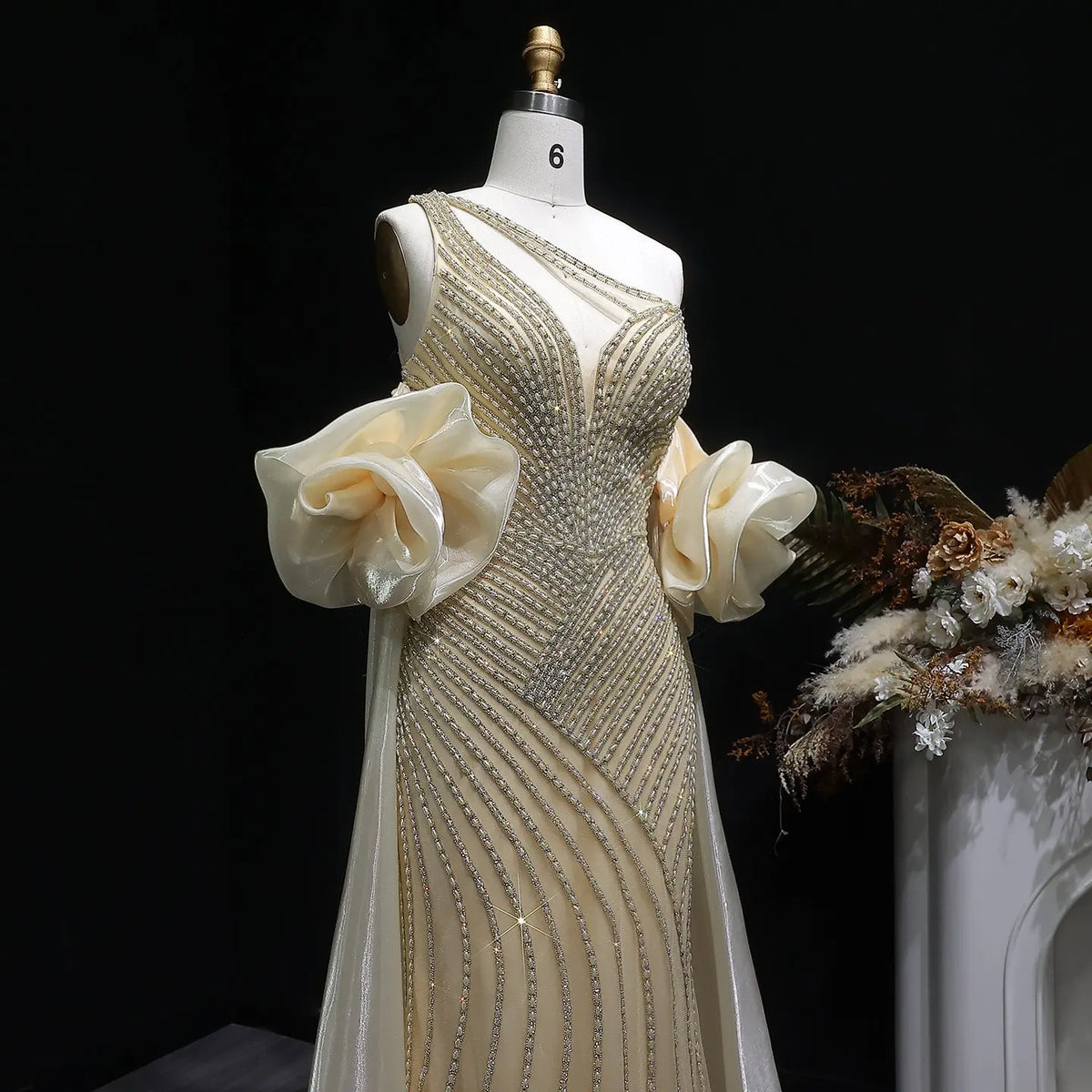 Luxury Dusty Pink Beaded One-Shoulder Fitted Evening Dress with Cape SS016 