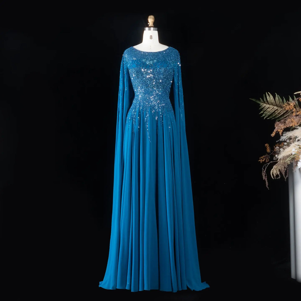 Peacock Blue Sequin Cape Sleeve Evening Dress SS105-2