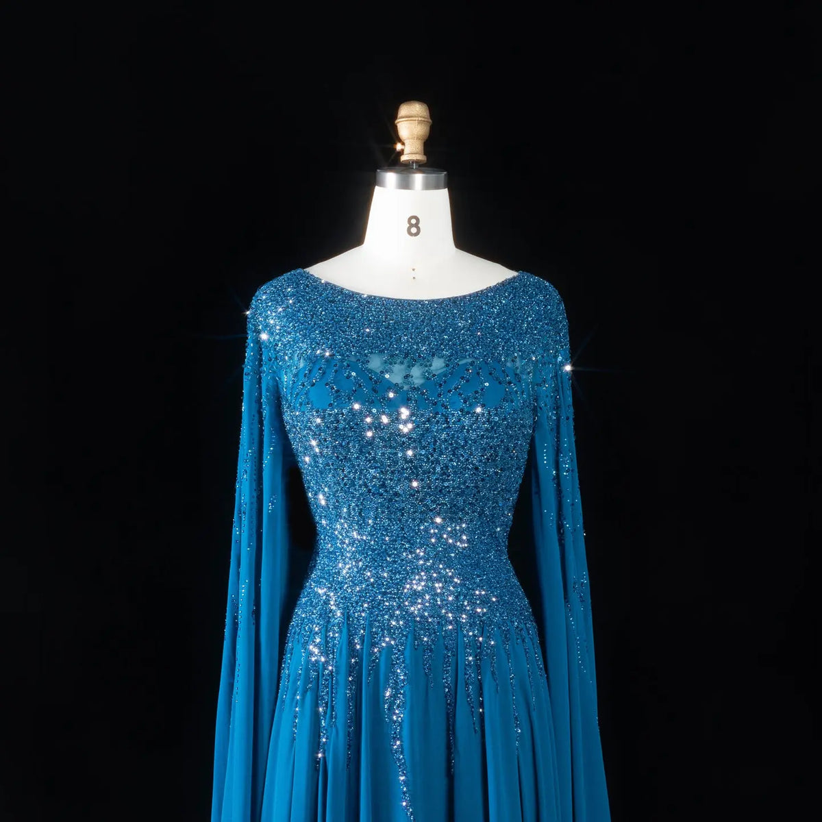 Peacock Blue Sequin Cape Sleeve Evening Dress SS105-3