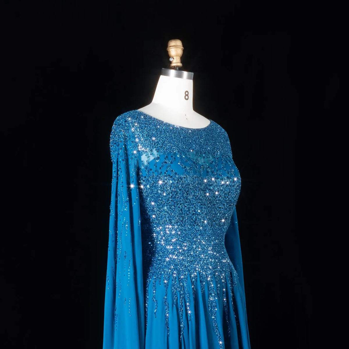 Peacock Blue Sequin Cape Sleeve Evening Dress SS105-4