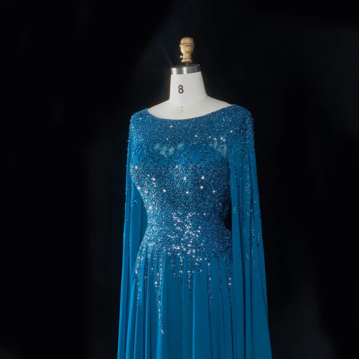 Peacock Blue Sequin Cape Sleeve A Line Floor Length Evening Dress SS10 – SHARONSAID