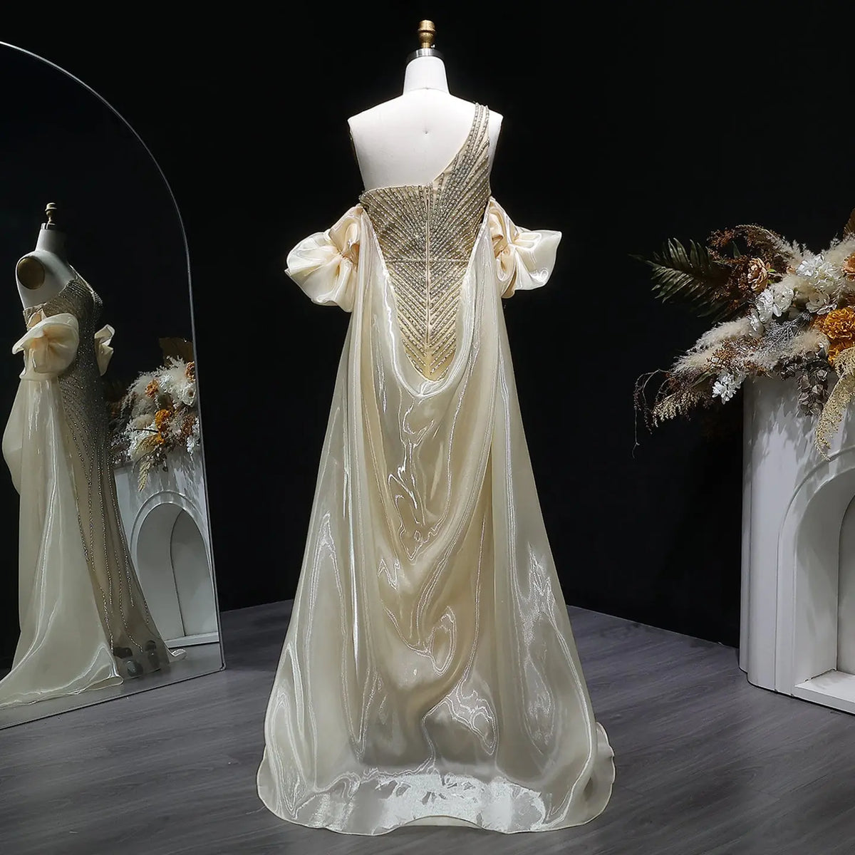 Luxury Dusty Pink Beaded One-Shoulder Fitted Evening Dress with Cape SS016 