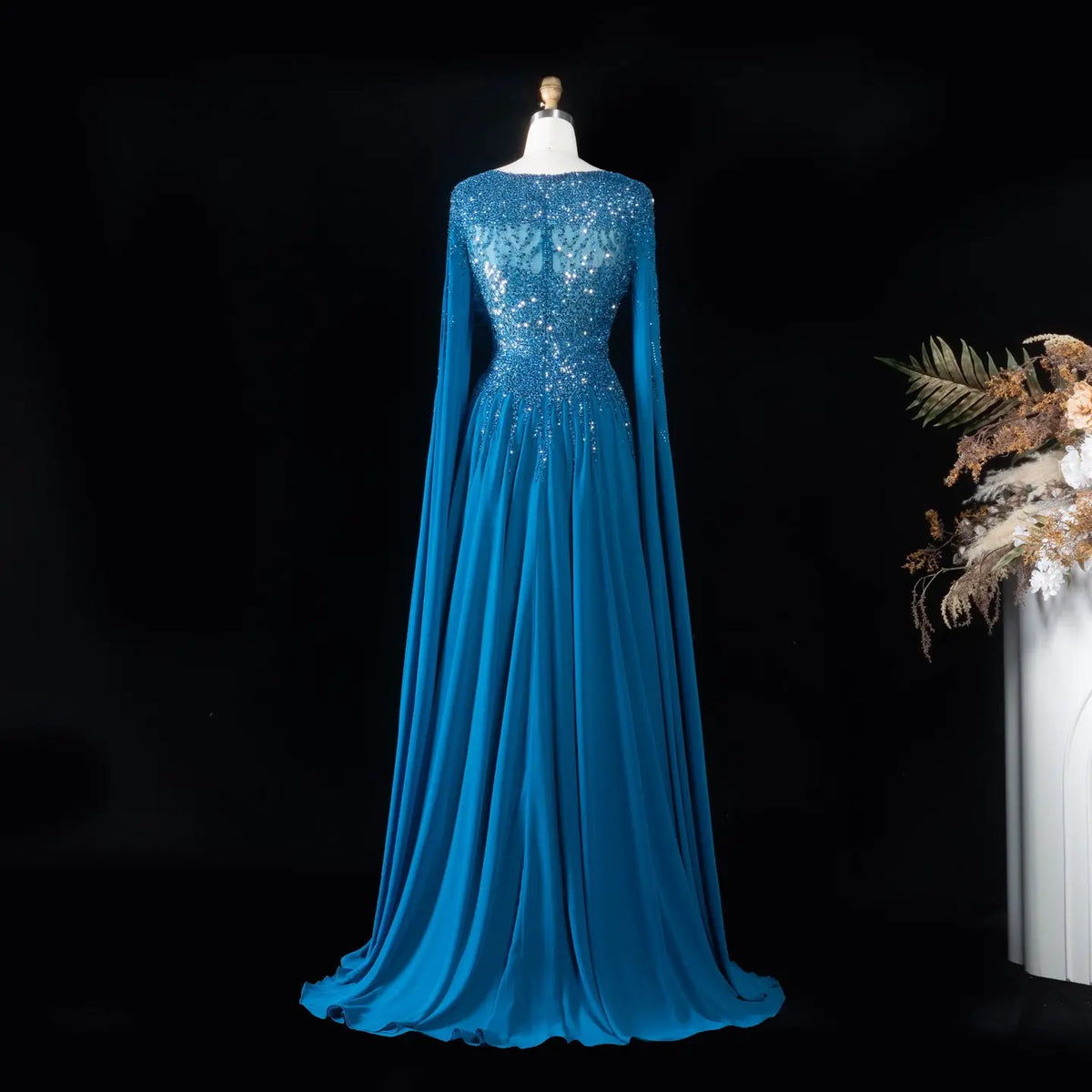 Peacock Blue Sequin Cape Sleeve Evening Dress SS105-7