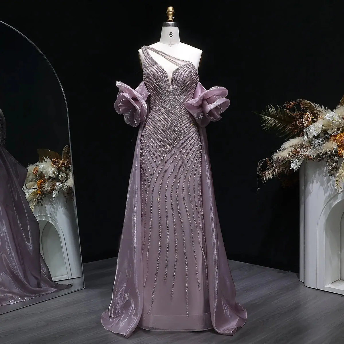 Luxury Dusty Pink Beaded One-Shoulder Fitted Evening Dress with Cape SS016 