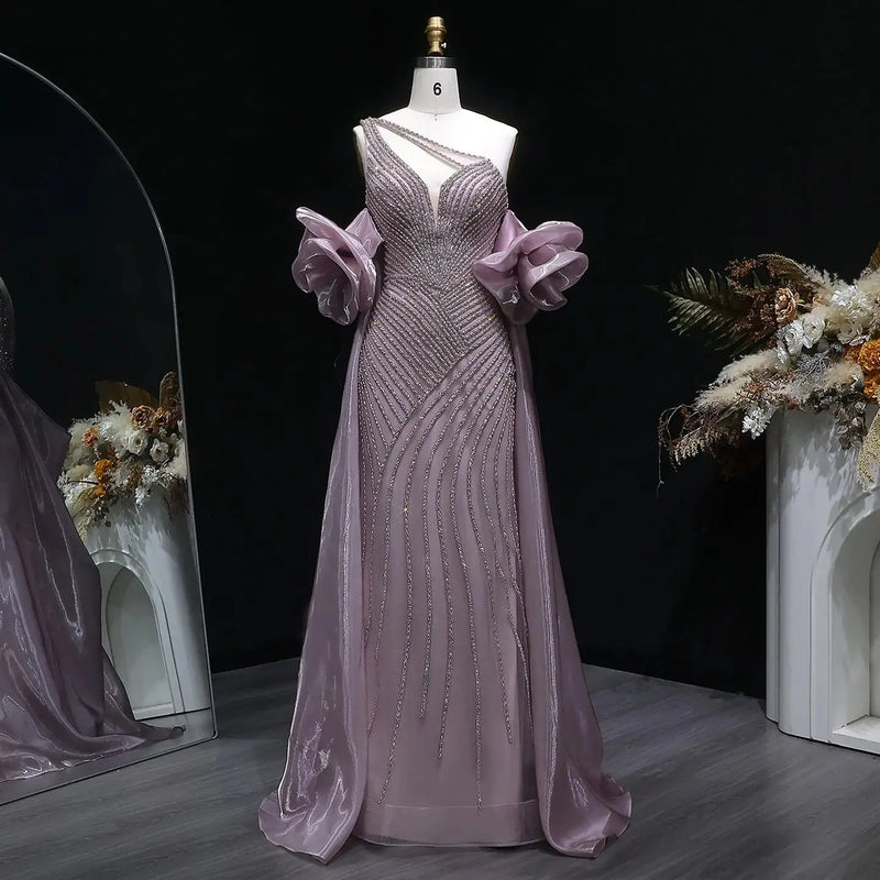 Luxury Dusty Pink Beaded One-Shoulder Fitted Evening Dress with Cape SS016 