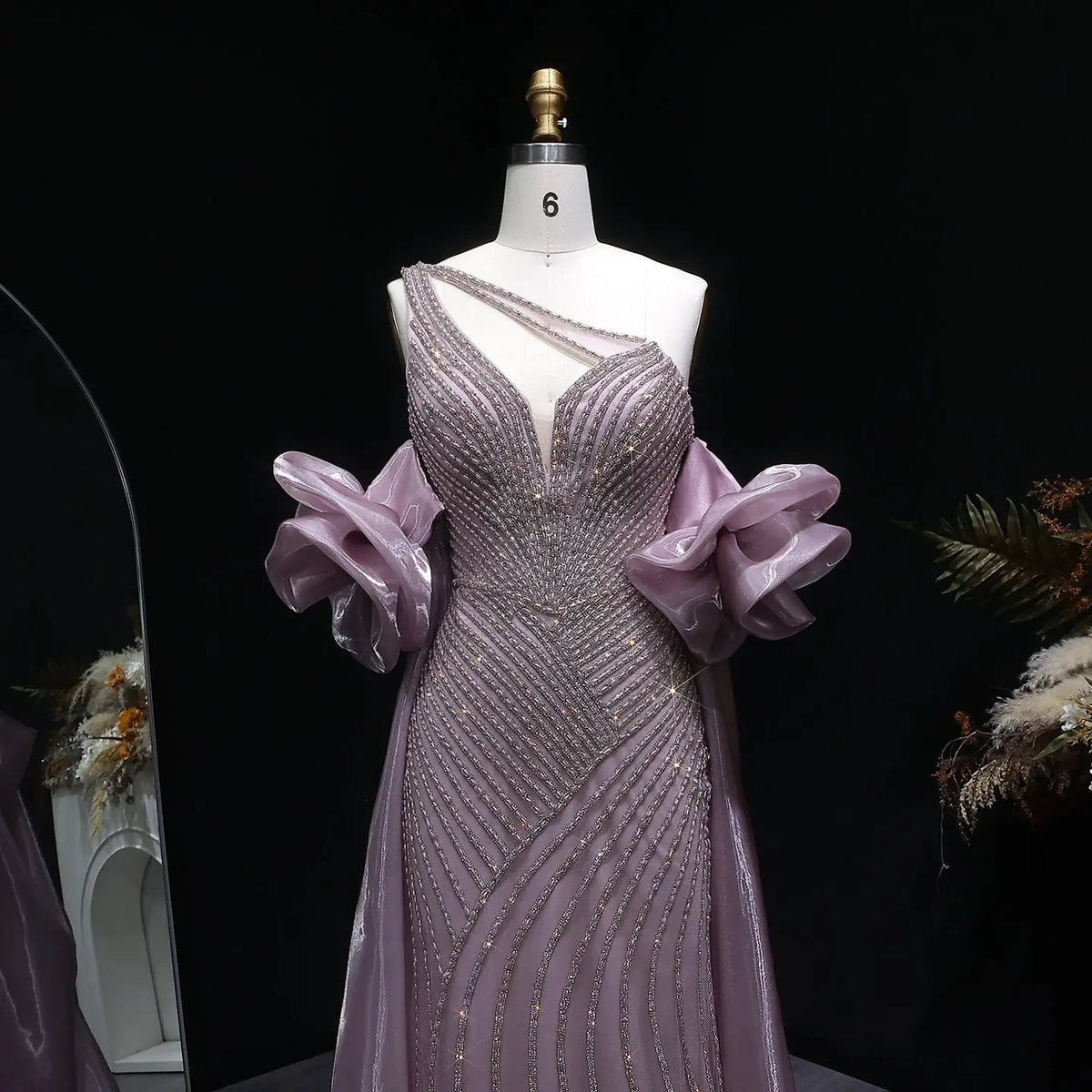 Luxury Dusty Pink Beaded One-Shoulder Fitted Evening Dress with Cape SS016 