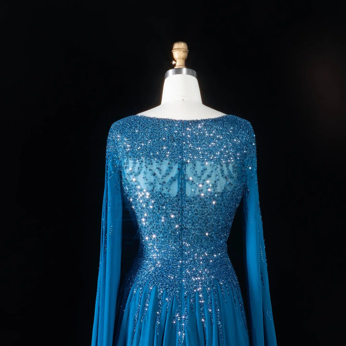 Peacock Blue Sequin Cape Sleeve Evening Dress SS105-6