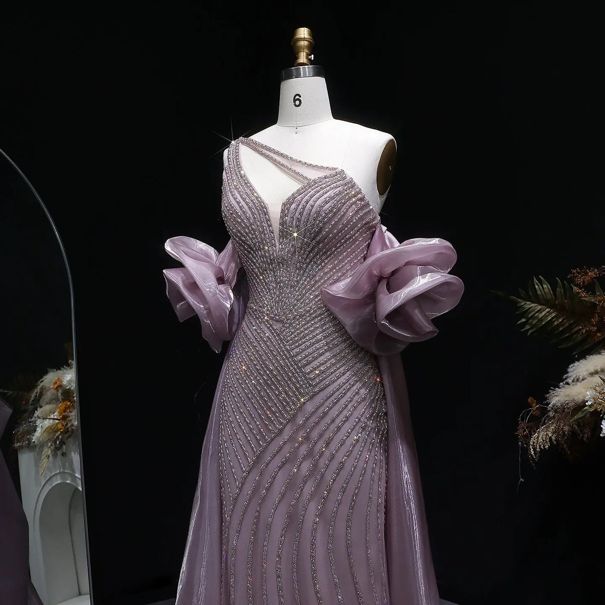 Luxury Dusty Pink Beaded One-Shoulder Fitted Evening Dress with Cape SS016 