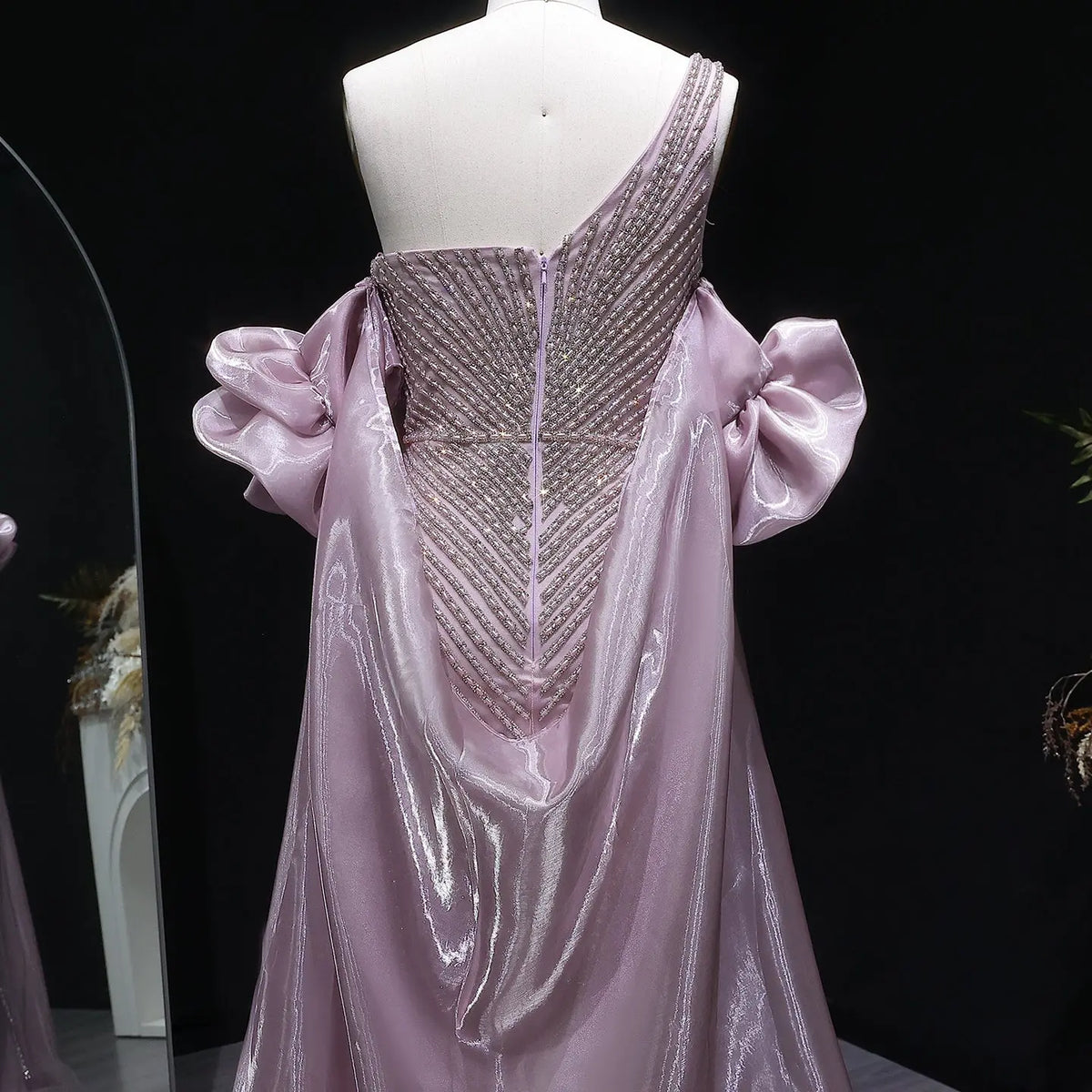 Luxury Dusty Pink Beaded One-Shoulder Fitted Evening Dress with Cape SS016 