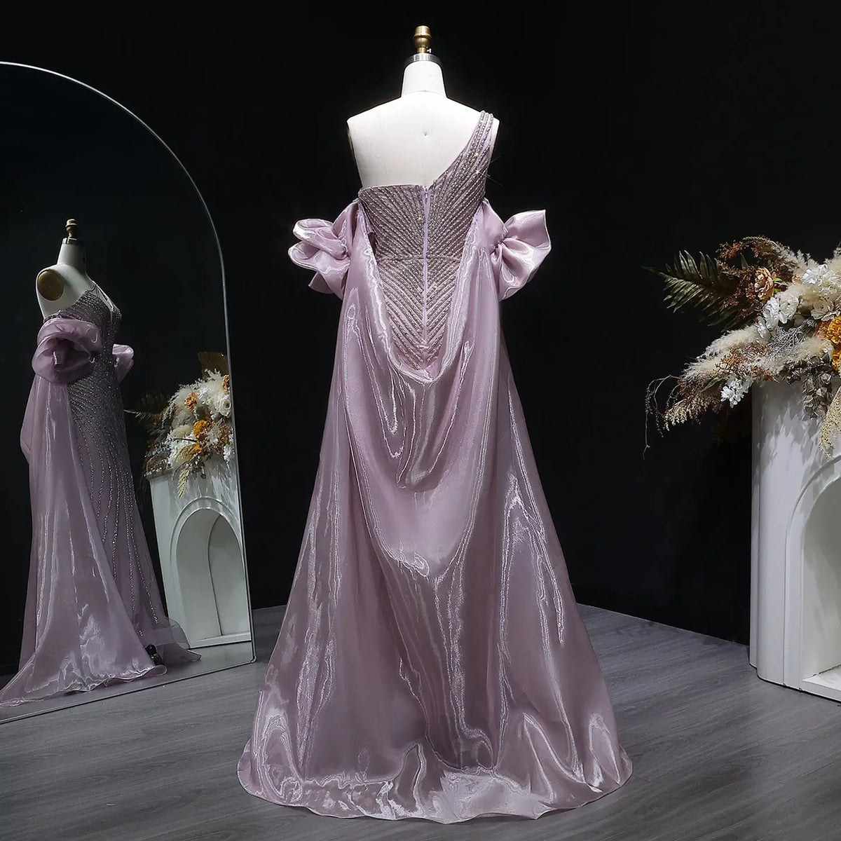 Luxury Dusty Pink Beaded One-Shoulder Fitted Evening Dress with Cape SS016 