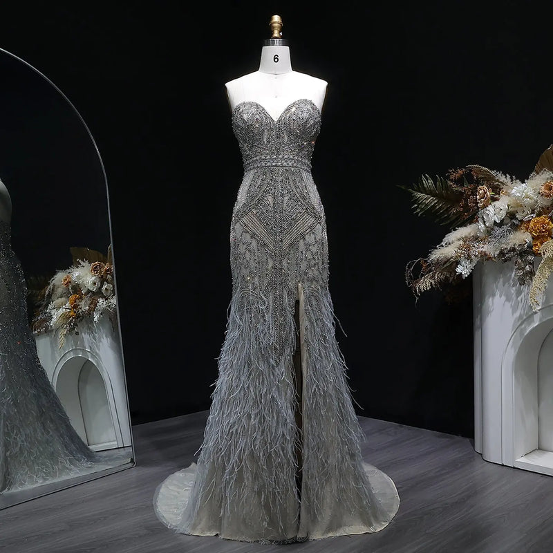 Elegant Silver Gray Strapless Beaded Feather Trim High Slit Evening Dress SS791 