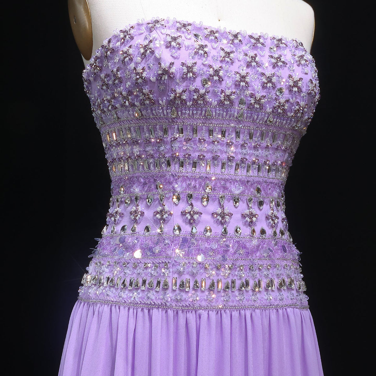 Strapless Lilac Beaded Bodice Evening Dress with Flowing Skirt SS539