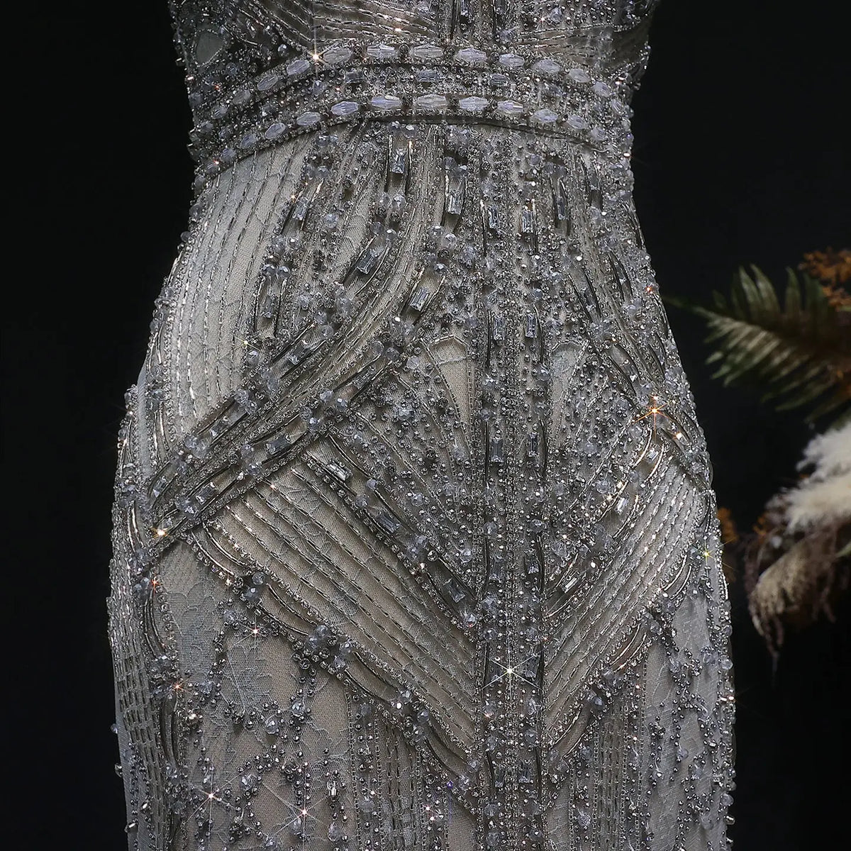 grey beaded cocktail dress Long Beaded A-Line Formal Dress with Long Sleeves Smoky Blue / 10